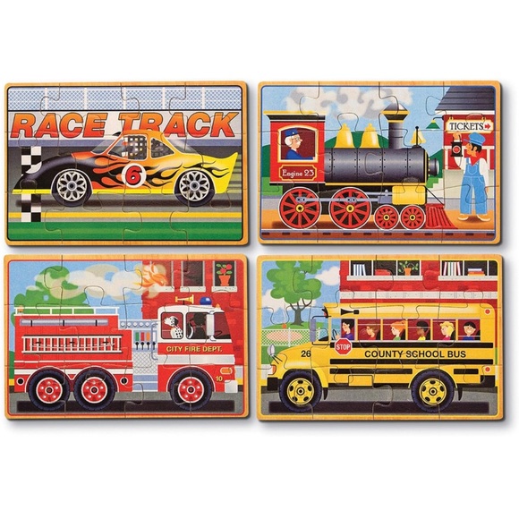 NWT Melissa & Doug wooden puzzles in box vehicles fire truck bus race car train - Picture 1 of 8